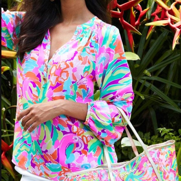 Lilly Pulitzer Elsa lulu flamingo silk blouse - Picture 1 of 9